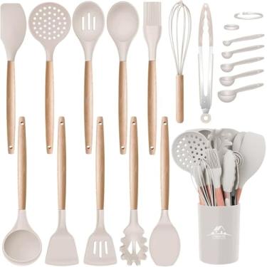 Imagem de MIBOTE Conjunto de utensílios de cozinha de silicone com suporte, cabos de madeira livres de BPA não tóxicos, espátula, colher, utensílios de cozinha, conjunto de utensílios para panelas antiaderentes