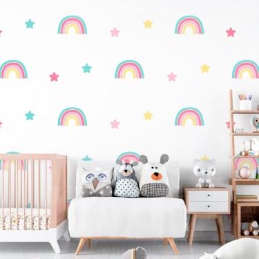 Imagem de Adesivos Decorativos Arco-íris Estrelas Coloridos Infantil Lavável Seguro Fácil Aplicação Ideal Quarto Bebê Decoração Menina Menino Área Kids
