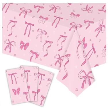 Imagem de CHANGZHONG Toalha de mesa com laço rosa, decoração de aniversário, 3 peças, 137 x 272 cm, toalha de mesa grande, de plástico, adequada para crianças, aniversário, chá de bebê e outras decorações de
