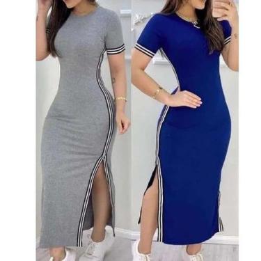 Imagem de Vestido feminino longo manga curta listra fina fenda na lateral - Filó