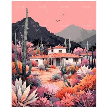 Imagem de Kit de pintura por números Desert Oasis para adultos - DIY Southwestern Cactus House Painting on Canvas 40,6 x 50,8 cm, conjunto de tinta acrílica, adequado para iniciantes, arte para decoração de