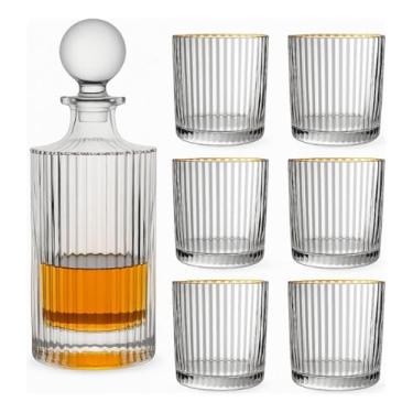 Imagem de Conjunto Garrafa Licoreira para Whisky com 6 Copos de Vidro Baixos, Borda Dourada