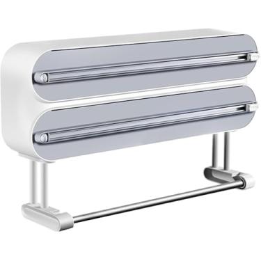 Imagem de Organizador de papel 3 em 1 com cortador inclui 2 rolos de plástico e dispensador de folha de alumínio, suporte magnético de papel toalha para geladeira, organizador de papel alumínio e plástico,