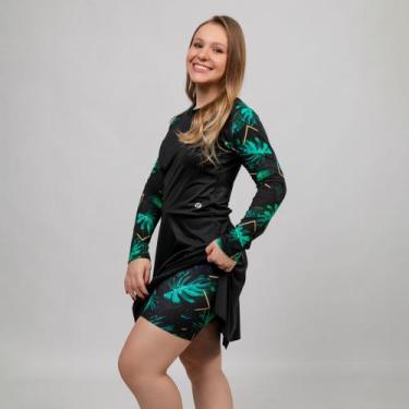 Imagem de Maiô Vestido Feminino com Manga Raglan Longa Estampada Com Short com B
