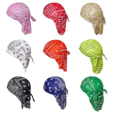 Imagem de HOVEOX 9 Pieces Sweat Wicking Skull Cap Cooling Dew Rag Helmet Liner Bandana Skull Caps (Color 1)