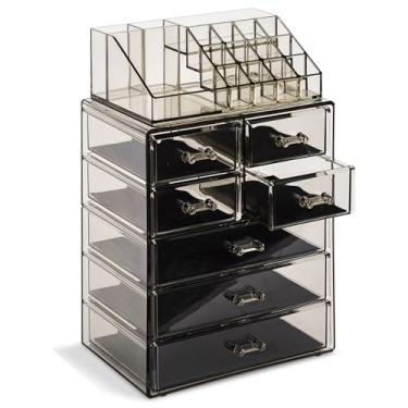 Imagem de Sorbus Conjunto organizador de maquiagem de acrílico, 6 gavetas, armazenamento de cosméticos de bancada com compartimentos pequenos e largos, armazenamento de maquiagem preto para pincéis, joias