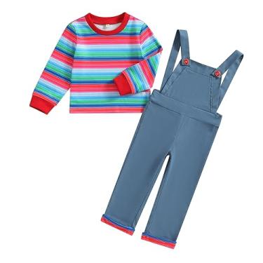 Imagem de Nicoxijia Kids Toddler Baby Boy Girl Halloween Chucky Costume Long Sleeve Striped Top Rompers Jumpsuit Cosplay Outfits Sets (Blue, 6-12 Months)