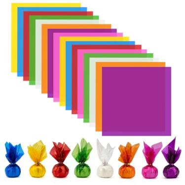 Imagem de 208 peças de papel de celofane colorido (19 x 19 cm) para doces pequenos cestos de embrulho coloridos de plástico para artesanato, adesivos transparentes de aniversário, chá de bebê, decoração de