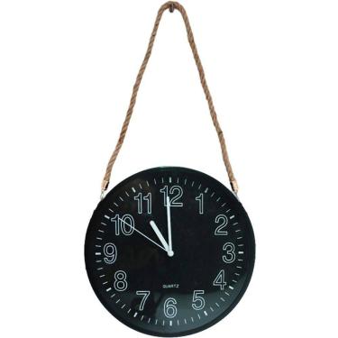 Imagem de Relógio De Parede Black Quartz Redondo Com Corda De Sisal