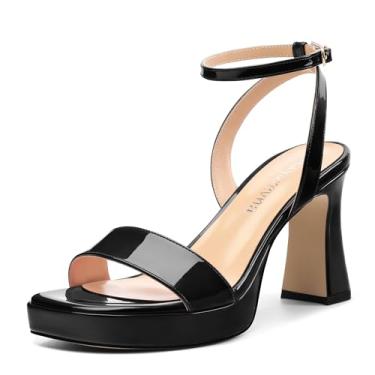 Imagem de Kayarevna Salto plataforma para mulheres, bico quadrado grosso, bico aberto, tira no tornozelo, sandálias elegantes de salto para festas, formaturas, casamentos, Patente preta, 41