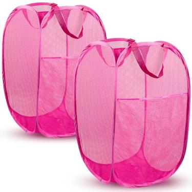 Imagem de DUCOO Cesto pop-up, 2 peças de cesto de roupa suja dobrável de malha, cesto de roupa suja de malha dobrável com design de economia de espaço para casa, dormitório, viagem e armazenamento, rosa