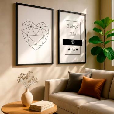 Imagem de Kit 2 Quadros Decorativos Coração Geométrico Amor No Lar Frase Inspiradora Preto Branco Parede Com Moldura