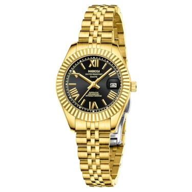 Imagem de NIBOSI Relógios femininos analógicos de quartzo à prova d'água com data, relógio de pulso delicado, moderno, de aço inoxidável, para pulsos pequenos, vestido feminino elegante, Dourado, preto