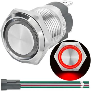 Imagem de ZJWZJH Interruptor De Botão Pressão Com Trava 15 A, 16 Mm, 0,63 Pol., À Prova D'Água Ip67, 12 V-24 V Cc/Ca, 1 Sem Energia, Liga/Desliga, Led Vermelho, Farol Olho Anjo, Soquete Fio Aço Inoxidável