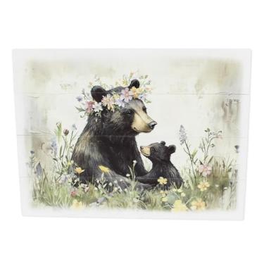 Imagem de Poor Boy Woodworks Placa de madeira floral mamãe urso e filhote - cena doce mãe e bebê urso em placa de madeira - decoração de parede ou mesa ótima para cabine rústica ou exibição de berçário
