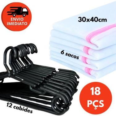 Imagem de Kit Saco Roupas Delicadas Para Lavar E Organizar + Cabide Plástico Gra