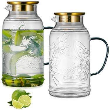 Imagem de Buaic Jarra de vidro com tampa e alça, pacote com 2 jarra de água de 2 litros, vintage, design borboleta, garrafa de água de vidro borossilicato para água quente/fria, café, chá gelado, resistente ao