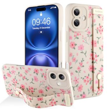 Imagem de AIGOMARA Capa para iPhone 16 com alça para mulheres e meninas, linda estampa floral rosa, capa protetora de silicone com suporte de faixa macia, branca