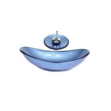 Imagem de Cuba De Vidro Oval 47Cm Azul + Valvula + Torneira Cascata