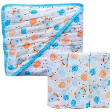 Imagem de Kit Toalha de Banho Bebê Soft com Capuz 100% Algodão + Fralda Estampada Dupla Camada Enxoval (Foguete)