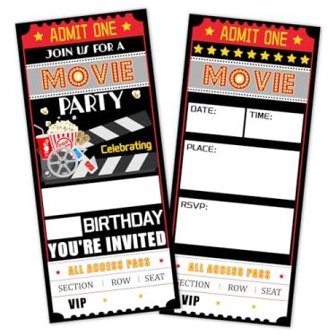 Imagem de Convites de ingressos de festa de aniversário de filmes para meninos meninas crianças, convites de aniversário de cinema noturno para adolescentes, 20 cartões de convite com envelopes, decorações de
