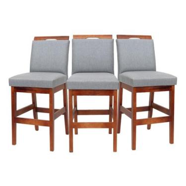 Imagem de Kit 3 Banquetas 60cm Para Cozinha De Madeira Maciça Estofada Com Encos