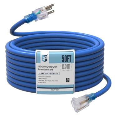 Imagem de EP - Cabo de extensão externo de 15 metros com extremidade iluminada, cabo de extensão resistente SJTW calibre 12/3 com plugue de 3 pinos, 15AMP 1875W 12AWG, azul, listado pela UL