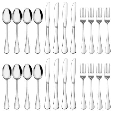 Imagem de E-far Conjunto de garfos, colheres e facas para 8, 24 peças de talheres de aço inoxidável, talheres de grau alimentício para cozinha doméstica, restaurante, acabamento espelhado, pode ser lavado na