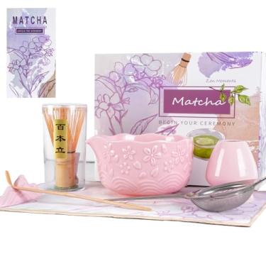 Imagem de Conjunto de batedor Matcha, conjunto de 7 peças - tigela matcha de cerâmica com bico, batedor e suporte de bambu, colher, peneira, toalha de chá - kit completo para cerimônia de chá matcha, latte