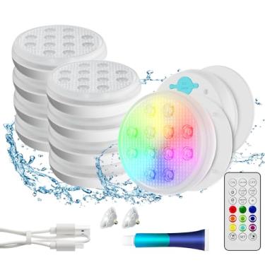 Imagem de QOLNBY Luzes de piscina, luzes LED submersíveis recarregáveis, luzes subaquáticas à prova d'água IP68, 16 luzes flutuantes que mudam de cor com controle remoto, ímãs, ventosas para banheira, lago