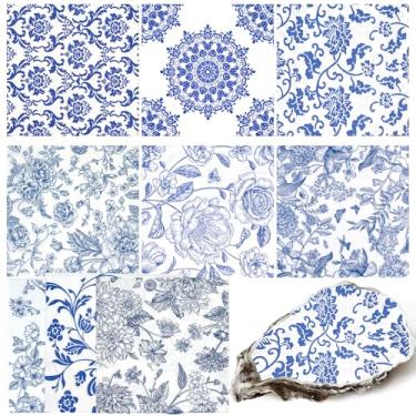 Imagem de LSYAHCYY Guardanapos de decoupage florais sortidos, pacote com 27, 9 estilos para festa de aniversário, guardanapos decorativos, papel de coquetel, cada um desdobrado 33 cm (floral azul e branco)
