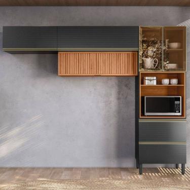 Imagem de Cozinha Completa Proença 5 Portas 2 Gavetas Ripado com Vidro Nogueira/Carbono Prime Tx - Demobile