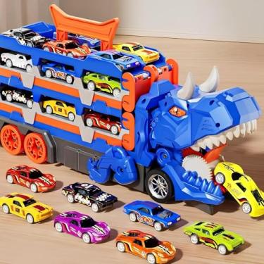 Imagem de Caminhão Transportador Dinossauro 3 em 1, Maleta com 6 Carrinhos, Brinquedo Educativo (Azul)