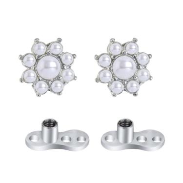 Imagem de 2 peças 14G G23 titânio opala pérola conjunto de âncora dérmica flor hipoalergênico microdérmico tops e base para lábios, bochechas, joias corporais piercing no peito (pérola branca)