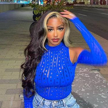 Imagem de GDWIGS Perucas Skunk Strip para mulheres negras, peruca longa, preta, aparência natural, peruca frontal de renda, pré-arrancada, sem cola, loira, peruca lateral 55 cm