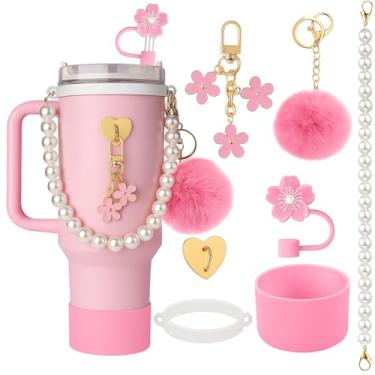 Imagem de Kit de 7 Acessórios para Copo Térmico Tipo Stan – Enfeites para Copo termico, Chaveiro, PomPom, Pingente Flor, Alca de Pérola, Protecao de silicone,Suporte Rosa, COPO NAO INCLUSO (Rosa)