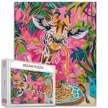 Imagem de Quebra-cabeça de girafa, 1000 peças para adultos, famílias (animal, copo de vinho tinto, macarrão, plantas tropicais, frutas) peças se encaixam perfeitamente 40 x 70 cm, arte de quebra-cabeça