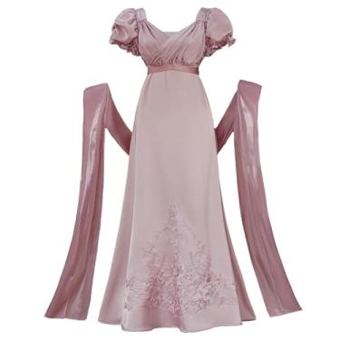 Imagem de Vibsion Regency Vestidos femininos luxuosos bordados de cetim cintura império vestido de baile vitoriano anos 1800 com xaile roxo GG