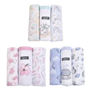 Imagem de Kit 3 Cueiros Manta Flanelado Bordado e Estampado 80cmx80cm Algodão En