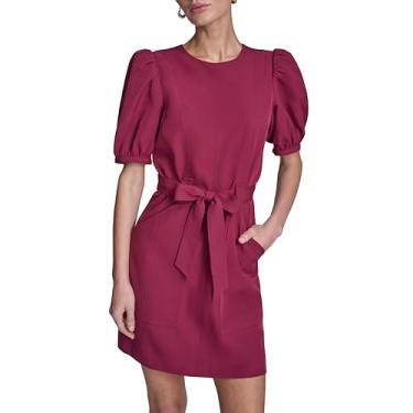 Imagem de BCBG Minivestido feminino de manga curta bufante, gola redonda, cinto e bainha, Vinho, 46