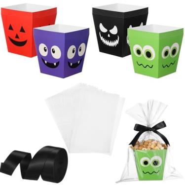 Imagem de Pajean 24 caixas de petiscos de Halloween com sacos de presente e fita de papelão, pipoca, biscoitos, caixas de doces para doces ou doces para lembrancinhas de festa de Halloween