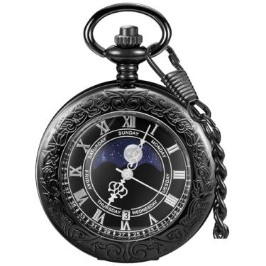 Imagem de Relógio de bolso vintage com escala de números romanos, calendário de fases da lua, quartzo, relógio de bolso com corrente, melhor presente, SH1004-preto, todos os dias