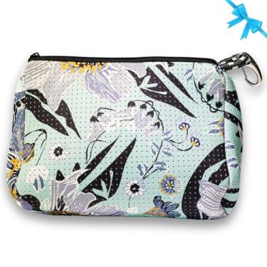 Imagem de Bolsa de maquiagem grande da marca Pop Ups com zíper – bolsa organizadora de cosméticos de neoprene lavável à máquina para viagem, Estampa de flor de menta