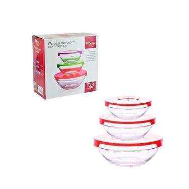 Imagem de Pote Tigela De Vidro Com Tampa Redondo Marmita Cozinha C/3