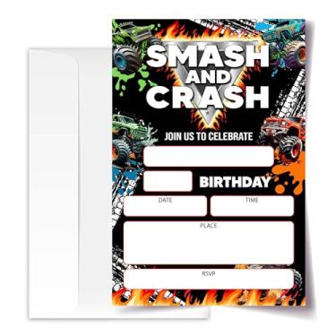 Imagem de ANYEMW Convites de aniversário de caminhão 4x6, decorações de festa de aniversário de caminhão, cartões de convite, convites de festa de aniversário para meninos e meninas, 20 cartões com 20 envelopes