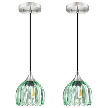 Imagem de 13 cm Tulipa Verde Pendurado Cozinha Industrial Ilha Casa de Fazenda Rústica Vintage Pacote com 2 1 Luz Pingente Luz de Teto Luminária de Acabamento em Níquel Escovado, para Sala de Jantar Corredor