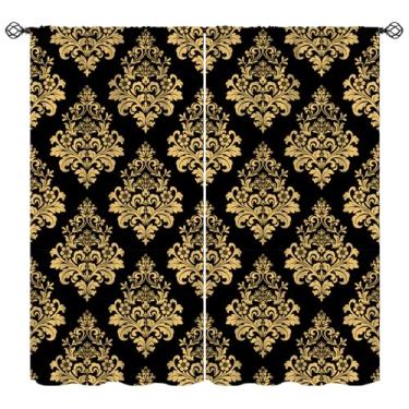 Imagem de KANEPE Cortinas estilo barroco, ornamento floral preto dourado retrô padrão damasco tratamentos de janela, cortinas com isolamento térmico para varão, conjuntos de 2 painéis para quarto, sala de estar