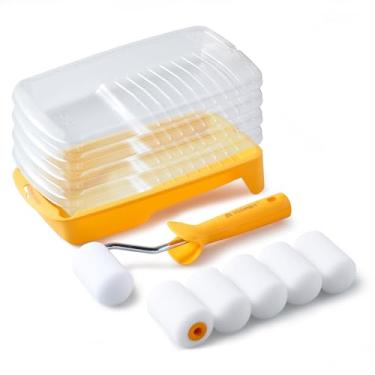 Imagem de Voomey Rolo de pintura de espuma, kit de mini rolo de pintura de 5 cm, pacote com 12, rolos de pintura pequenos com bandeja e moldura de rolo para retoque de pintura de parede, porta, armário