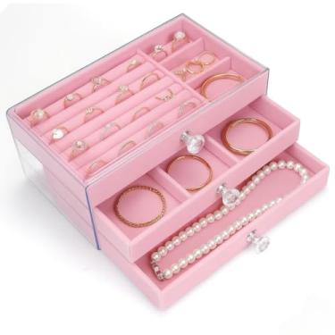Imagem de Porta Joias AcríLico 3 Camadas - Com DivisóRias Em Veludo Para AnéIs, Brincos E Pulseiras - Caixa Organizadora Transparente Com Tampa De AcríLico(Rosa)