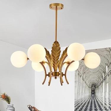Imagem de Lustre Sputnik de vidro soprado com 6 luzes esfumaçadas, dourado, moderno, de meados do século, com vidro leitoso, decoração com folhas, vintage, rosa, luminária pendente de teto para mesa d